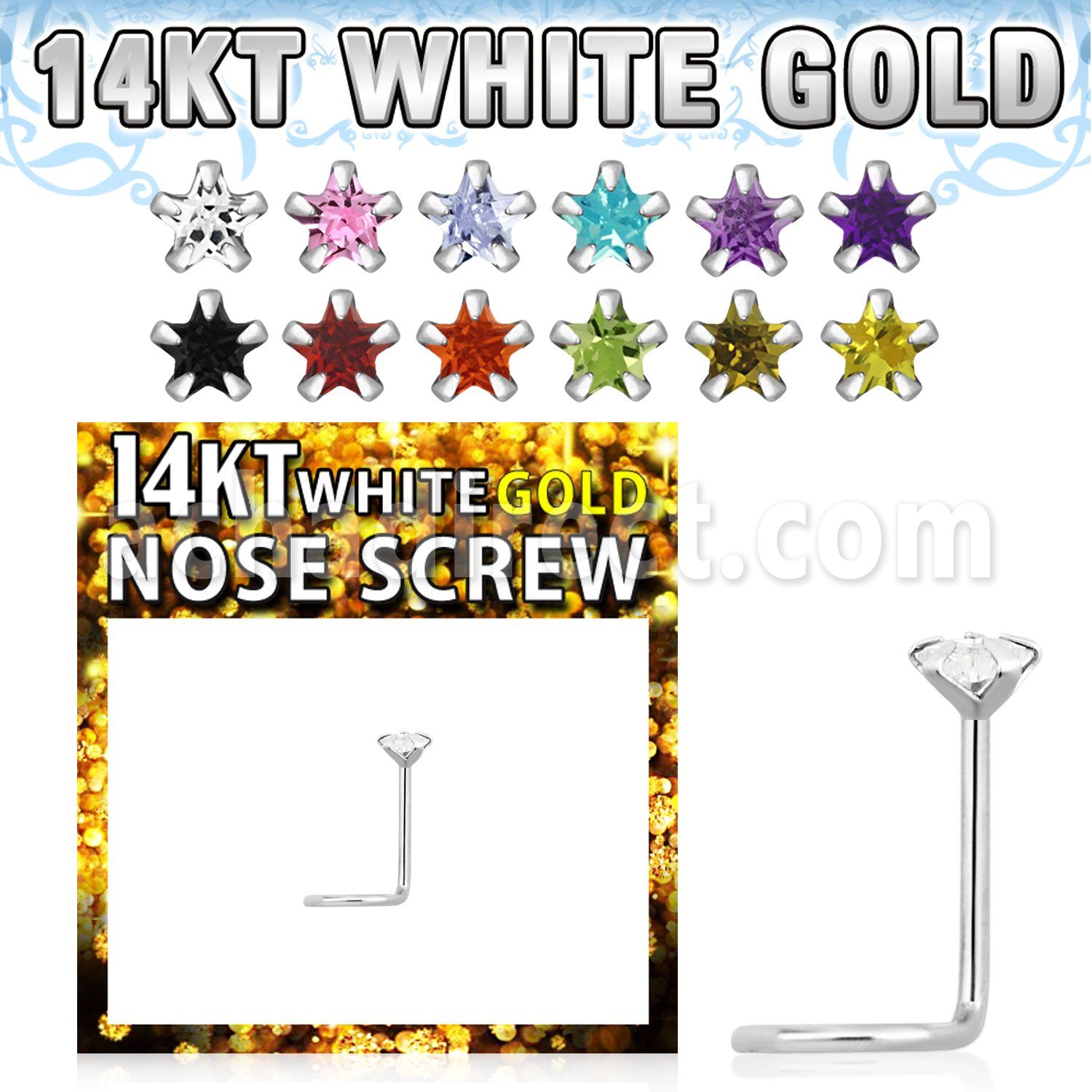 wszsc1 14kt white gold nose screw, w 3mm star cz stone