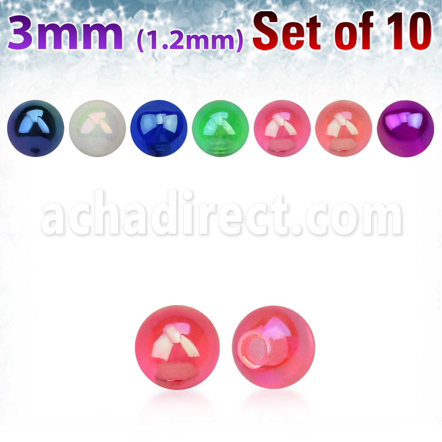 xabuvb3 set of of 3mm ab coated acrylic balls w 1.2mm threading