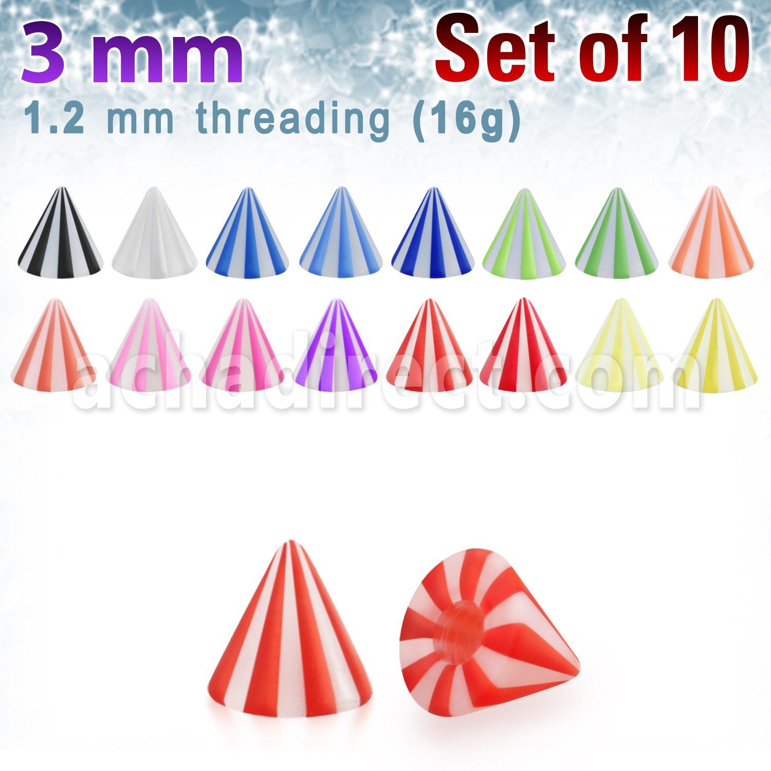 xbecn3 pack of 3mm beach ball acrylic cones threading 16g
