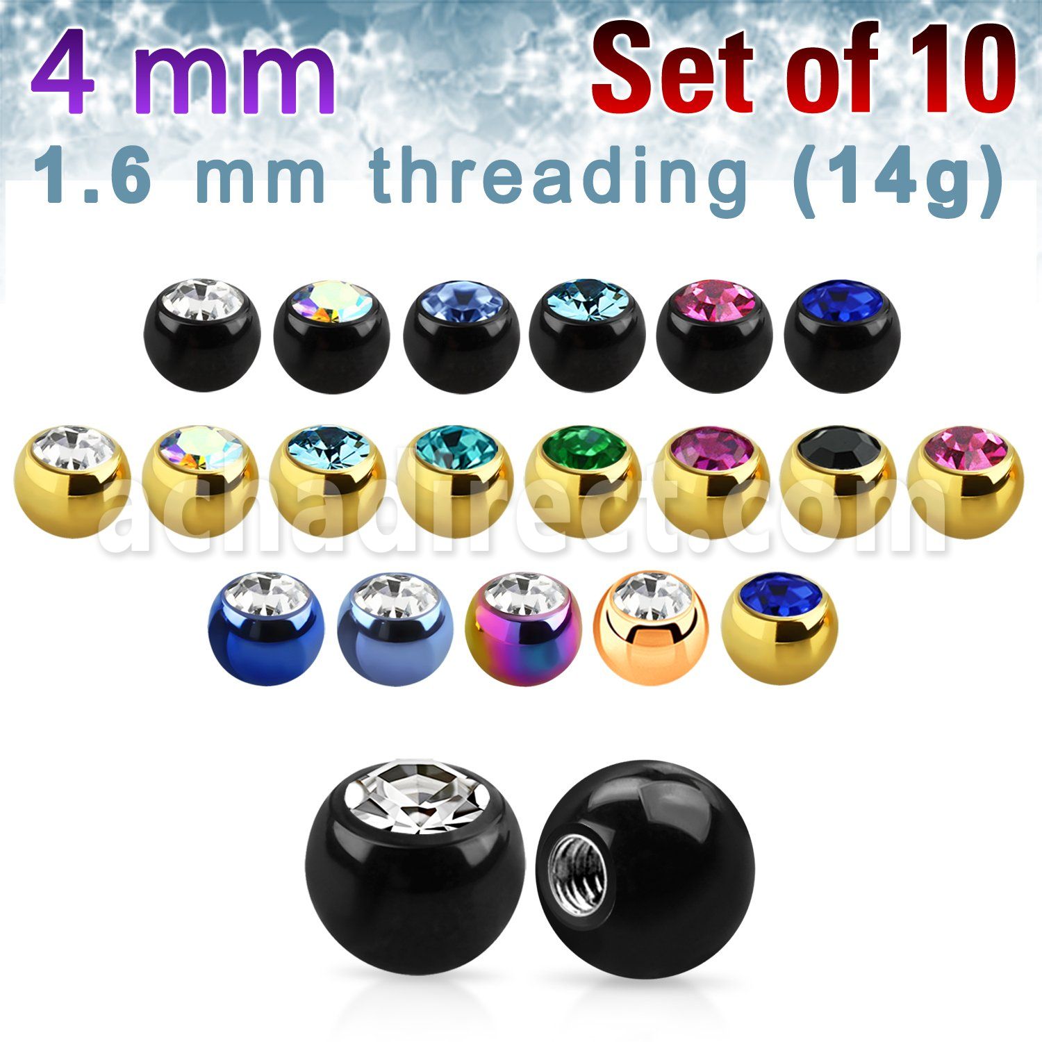 xjbt4g pack of 4mm anodized 316l steel balls w bezel crystals