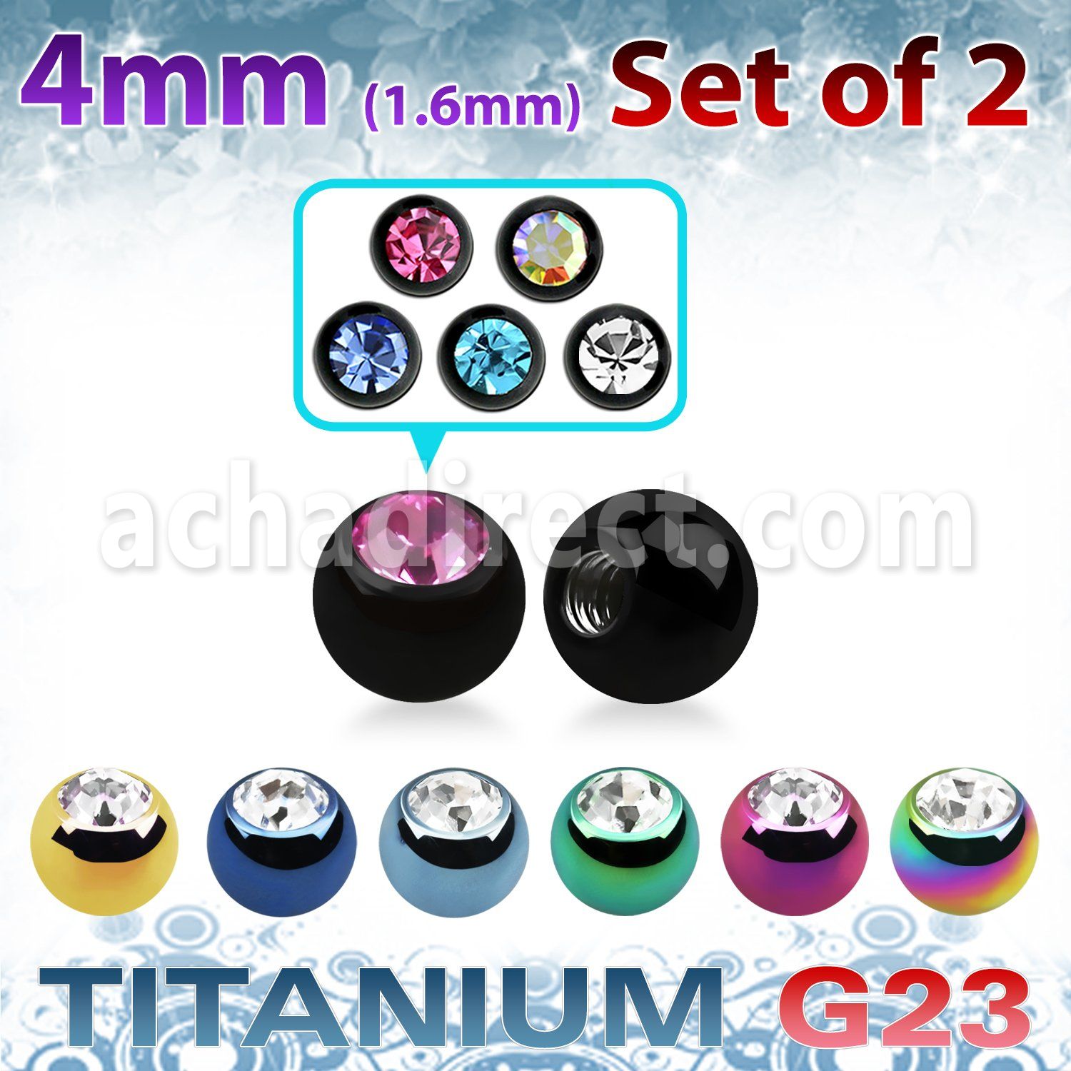 xujbt4g 4mm anodized g23 balls w bezel set crystals  1.6mm, 14g