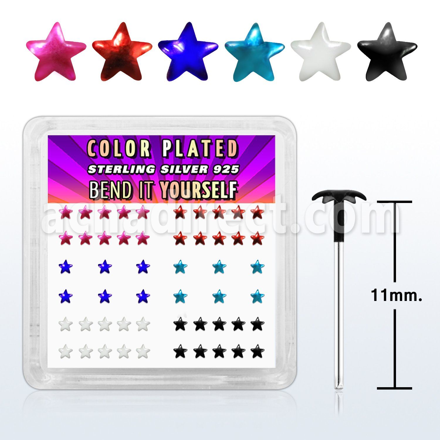 yxpsar box of silver bend it nose studs with color star top