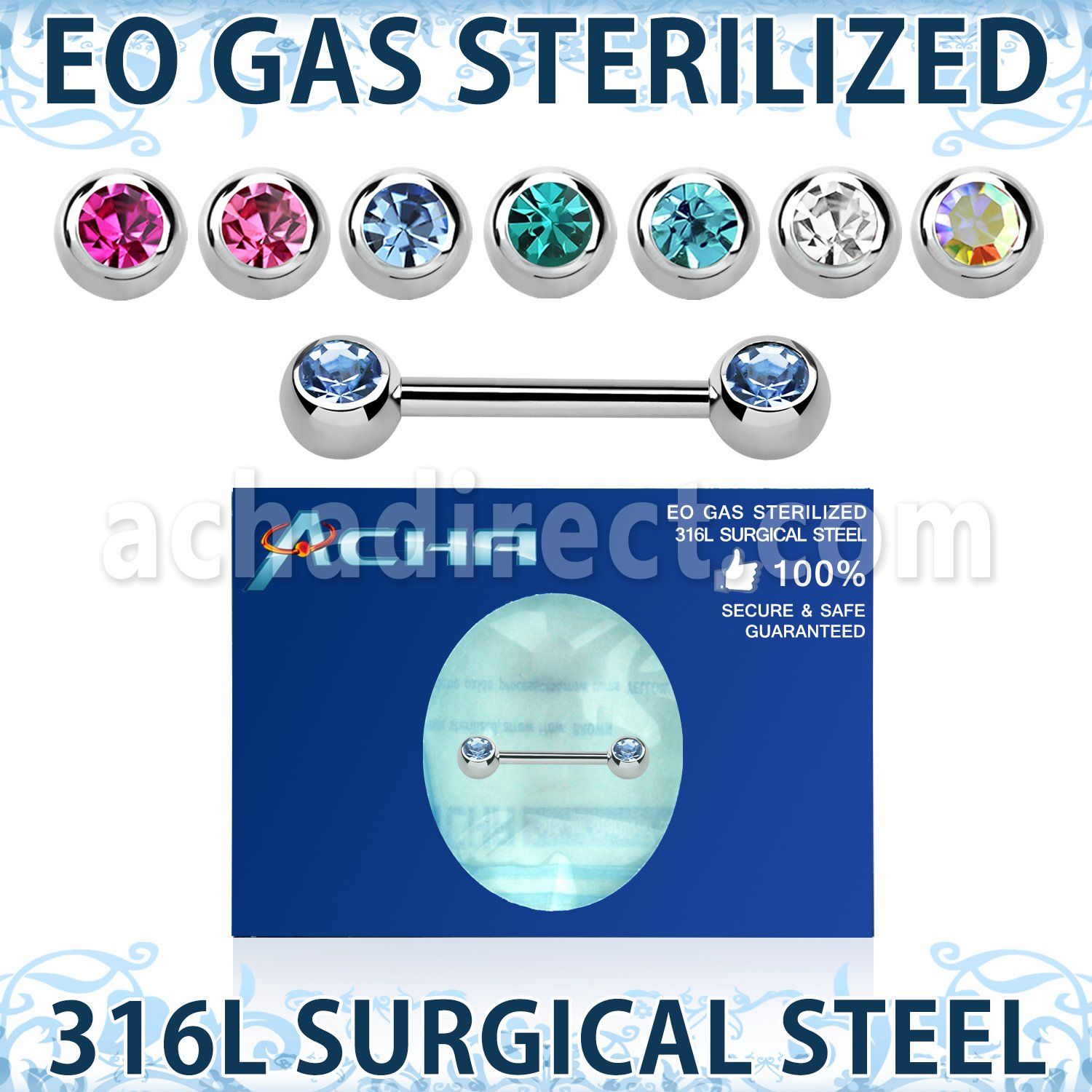 zbbnp2c sterilized steel nipple barbell 14g jewel balls