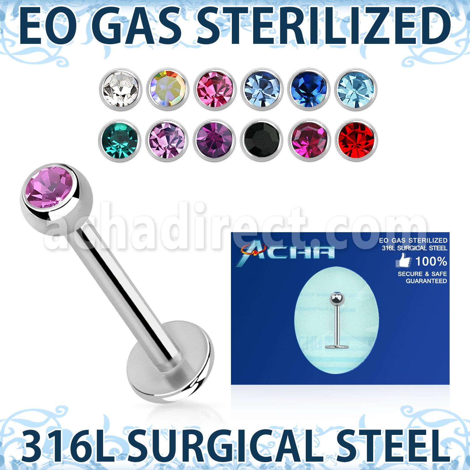 zlbc3 sterilized 316l steel labret with 3mm bezel jewel ball